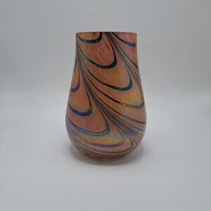 Brown Pulled Feather Iridescent Art Glass Vase